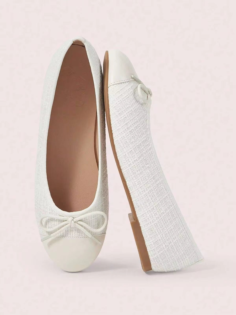 CUCCOO DOLLMOD Ladies Beige Woven Butterfly Will Decorate French Low Vamp Slip-On Ballet Flat Shoes, Simple, Fashionable And Cute Retro Shoes, Suitable For Four Seasons Office Commuting Wear